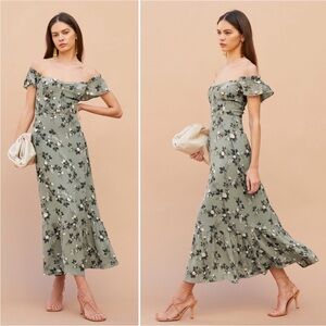 Reformation Butterfly Off The Shoulder Midi Dress in Verde Green Floral 6 small